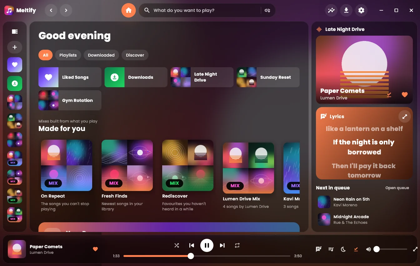 Meltify on Windows: the Home screen with Made for you mixes, the lyrics panel on the right and the player bar at the bottom
