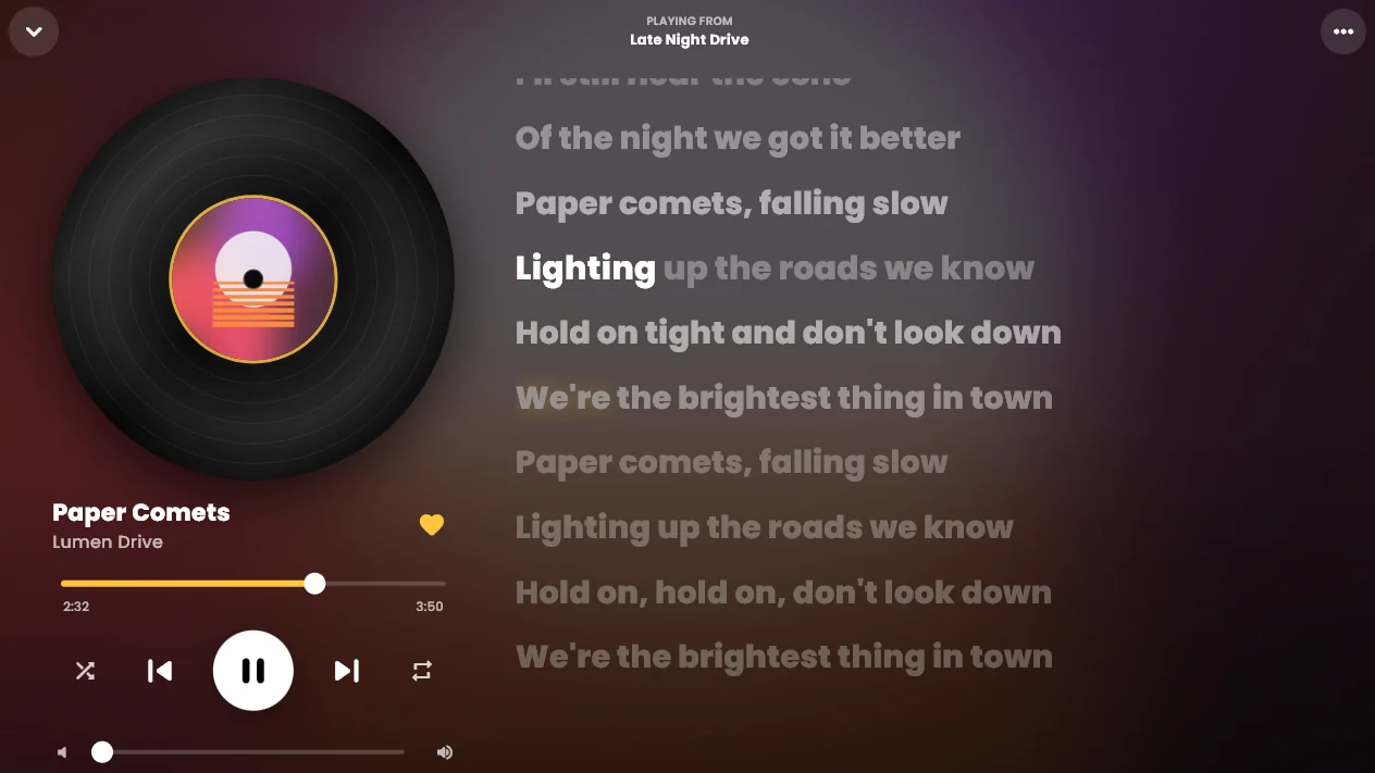 The Vinyl Lounge look: warm gold accent and the cover as a spinning record