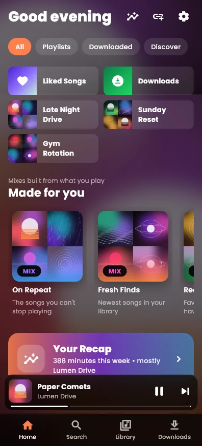 Meltify Home on a phone with Made for you mixes and a Your Recap card