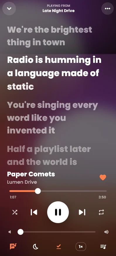 Meltify on a phone playing Paper Comets, with the current lyric line lit up word by word