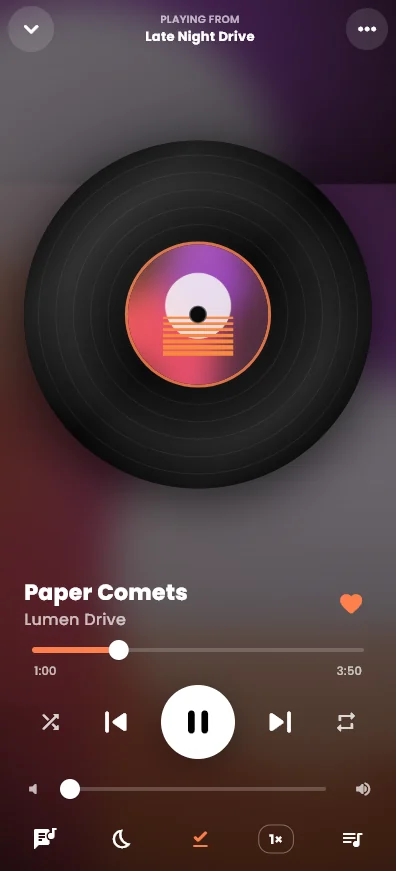 The full-screen player with the album cover shown as a spinning vinyl record
